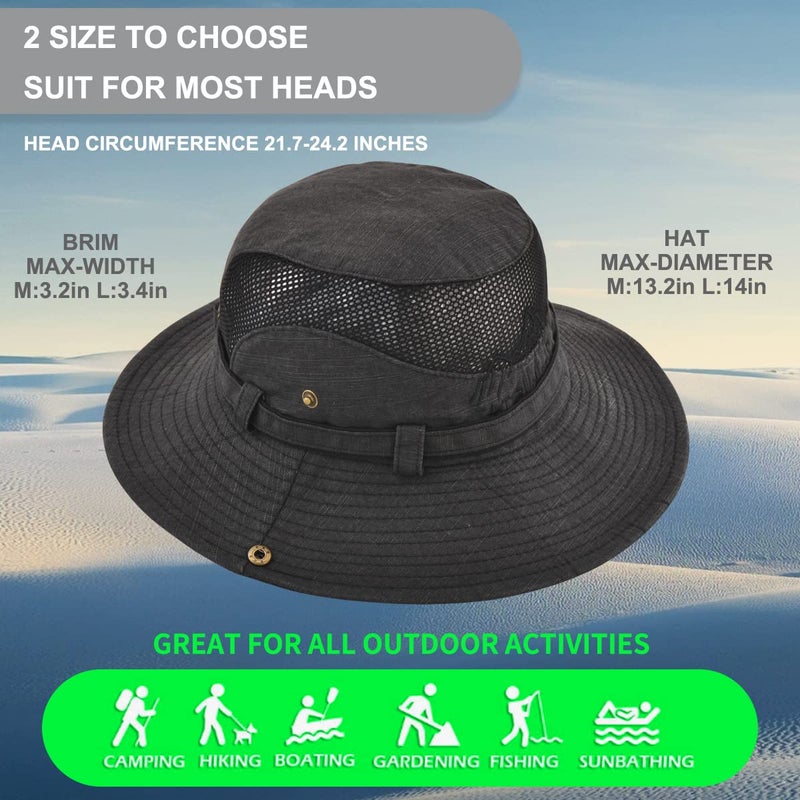 KeepSa Sun Hat for Men, Cotton Embroidery Summer Outdoor Sun Protection Wide Brim Bucket Hat Foldable Safari Boonie Hat Black - Image 4